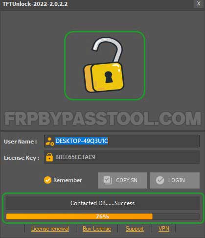 Username, License Key, and opening of TFT Unlocker Tool without facing any errors.