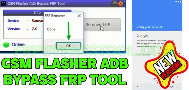 The user interface of GSM Flasher ADB software, and the text on the image reflects the copy of Bypass FRP Tool guide.