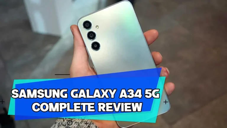 The back view picture of the Samsung Galaxy A34 5G with the complete user Review the text on the screen says 120hz best smartphone.