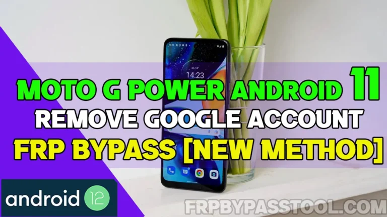 A Motorola Moto G Power device resting on a white table with green flower pot on back. A text reflects the copy of FRP Bypass guide of this post.