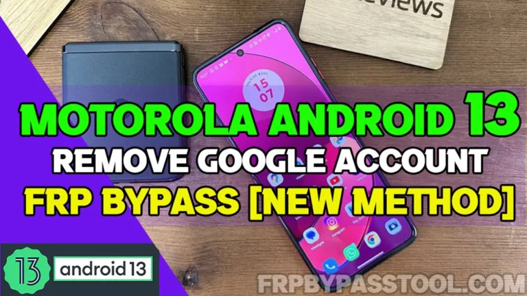 A picture of Motorola smartphone with Android 13 version. And the text shared the title of FRP bypass Android 13 Without PC method.