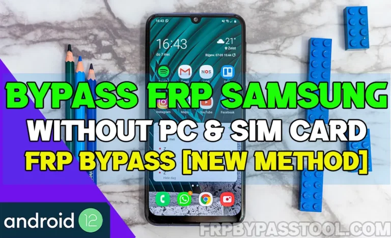 A picture of Samsung Galaxy phone that is locked by Google FRP lock. The text on the phone suggests the user to apply bypass FRP Samsung guide that is available without PC.